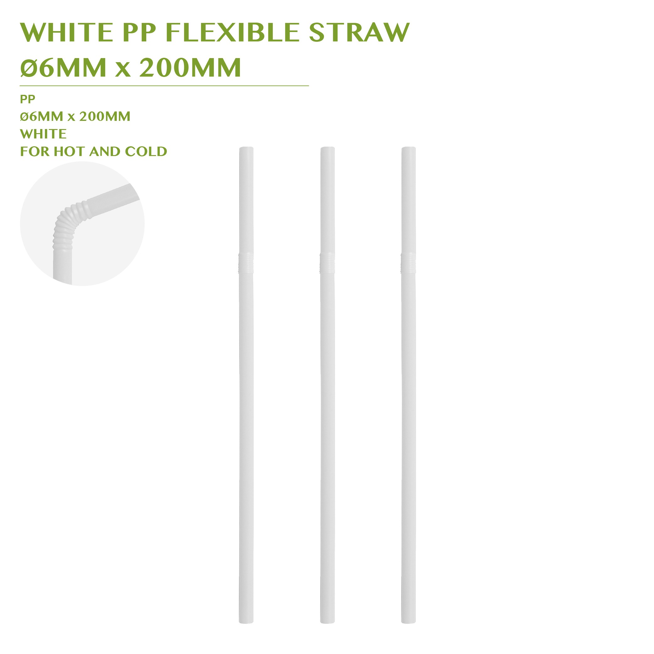 PRE-ORDER WHITE PP FLEXIBLE STRAW Ø6MM x 200MM