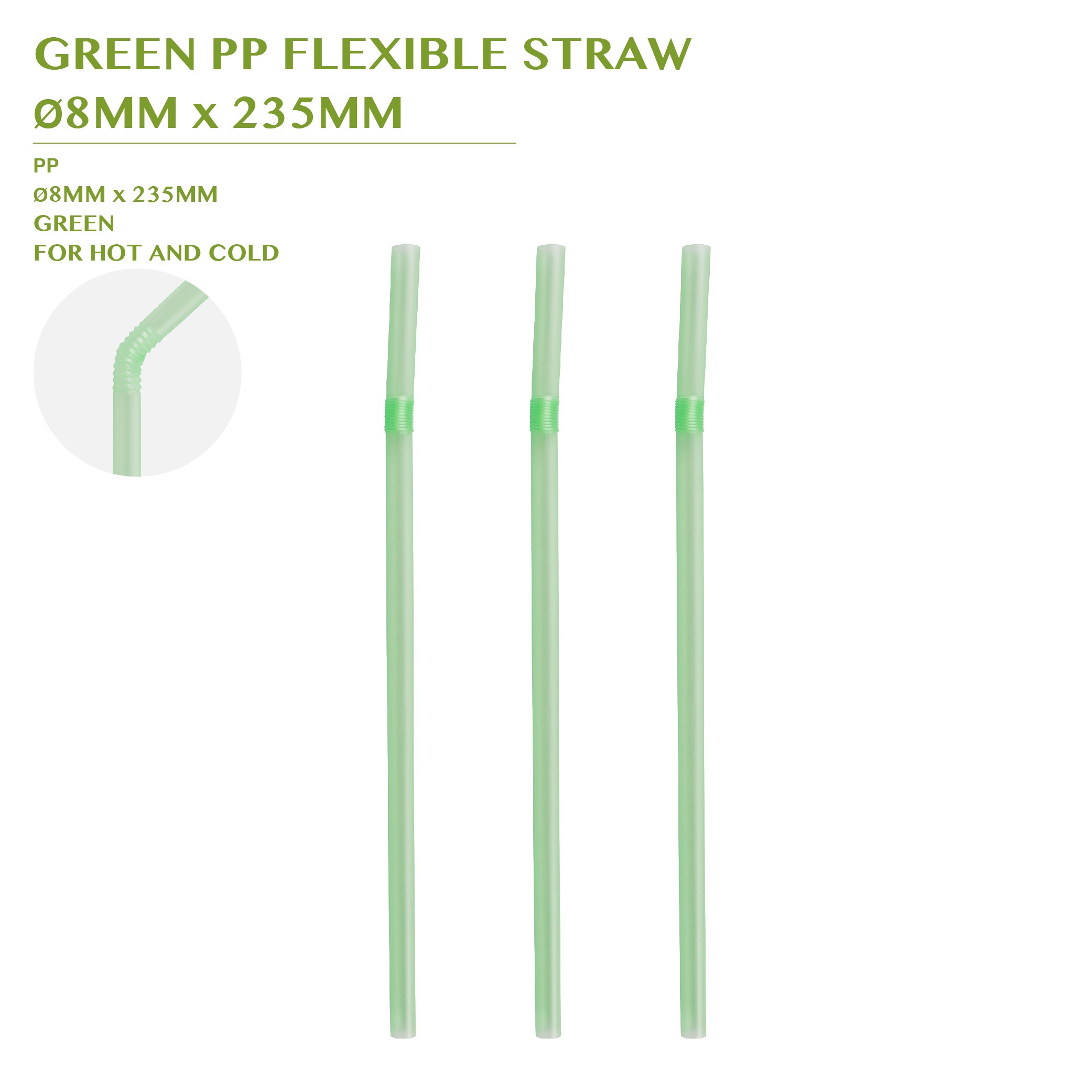 PRE-ORDER GREEN PP FLEXIBLE STRAW Ø8MM x 235MM