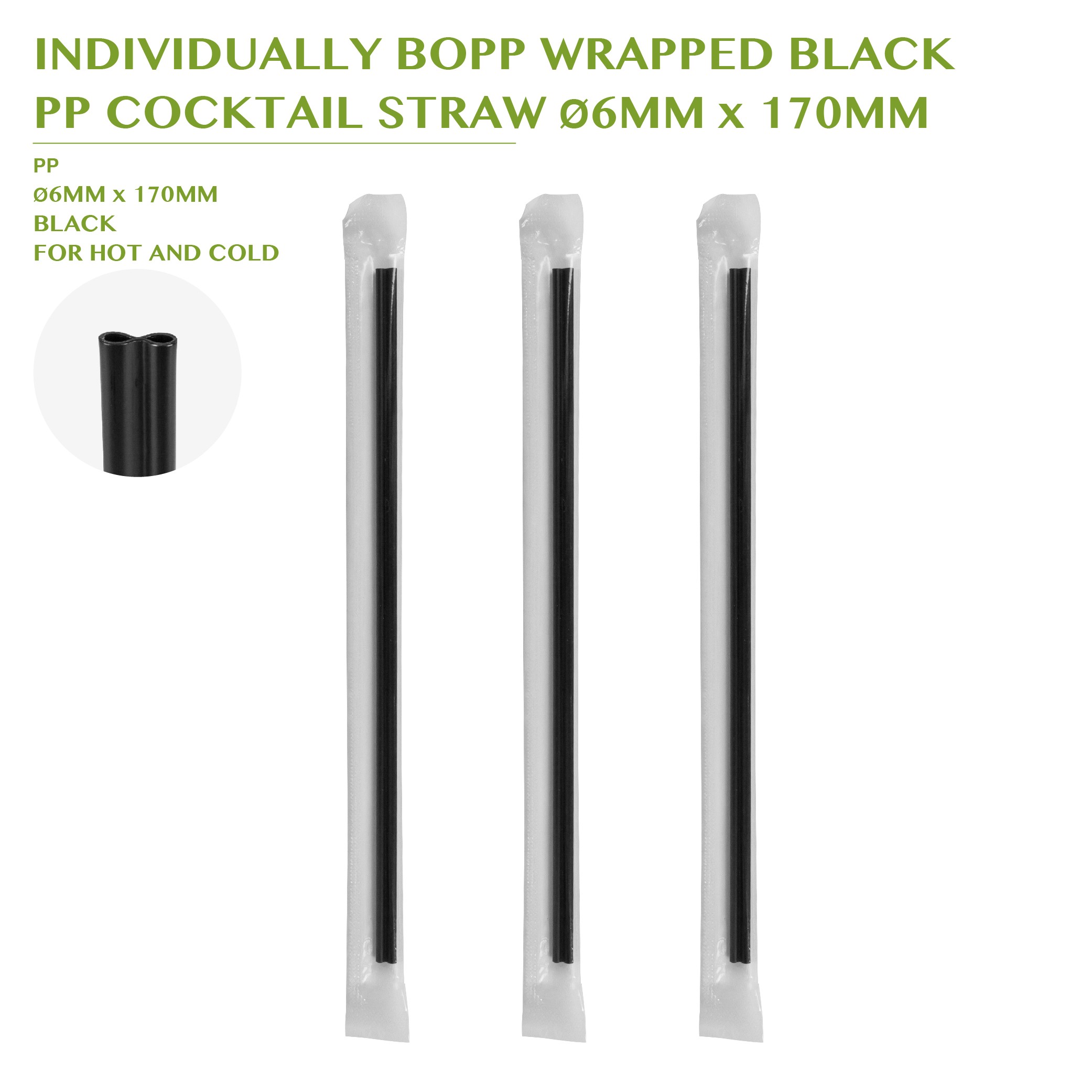 PRE-ORDER INDIVIDUALLY BOPP WRAPPED BLACK  PP COCKTAIL STRAW Ø6MM x 170MM