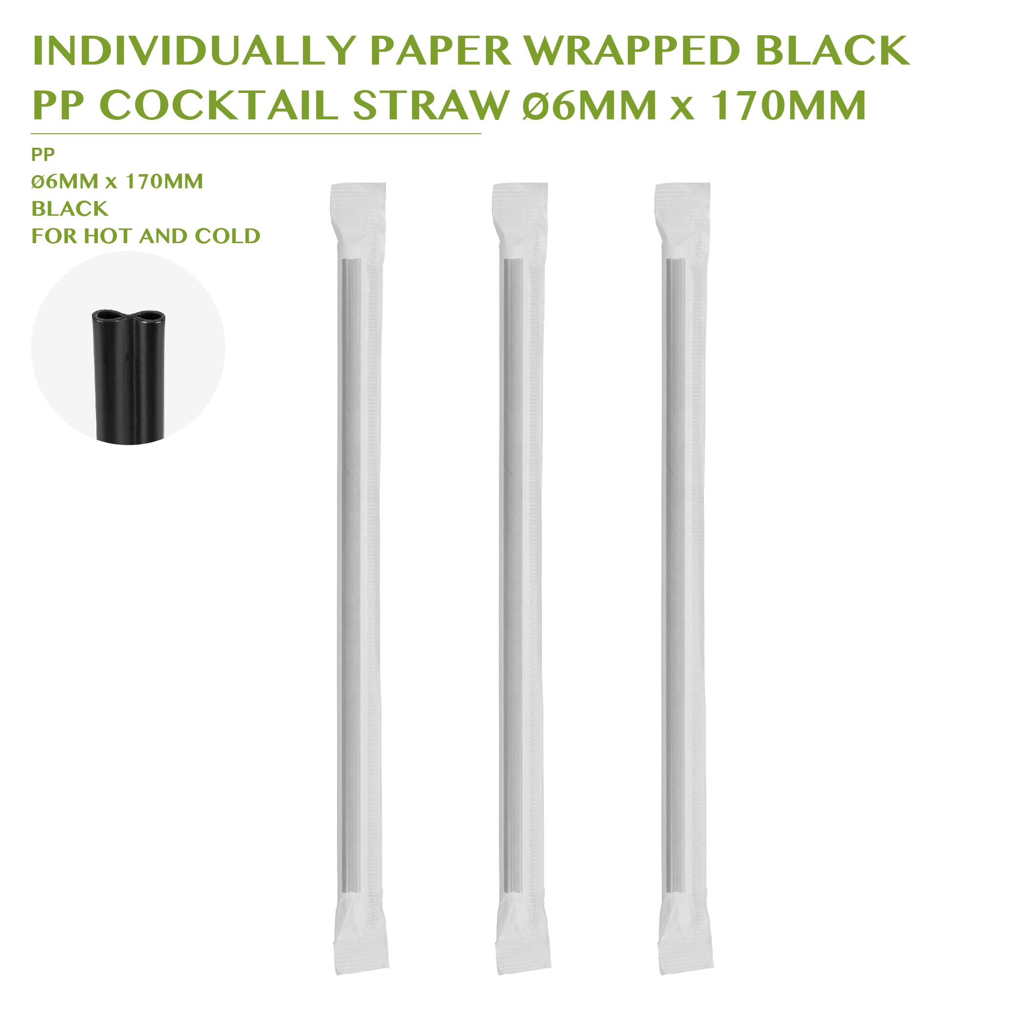 PRE-ORDER INDIVIDUALLY PAPER WRAPPED BLACK  PP COCKTAIL STRAW Ø6MM x 170MM